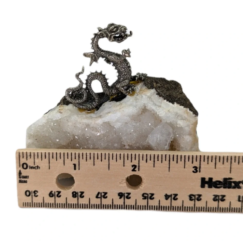 Vintage Pewter Dragon On Quartz Crystal Black Rock White Veining